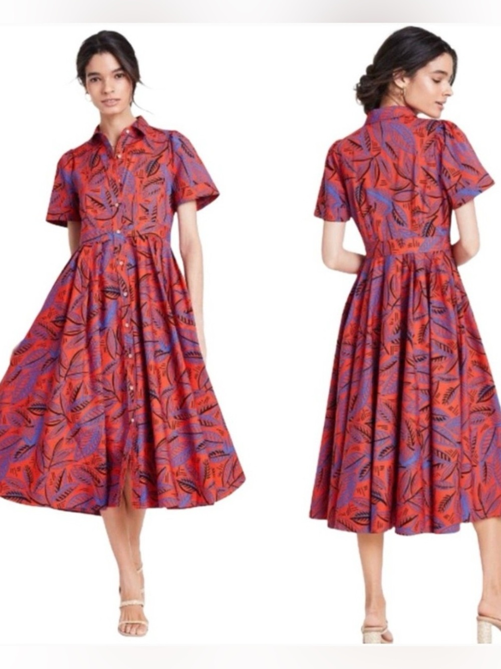 Women’s ALEXIS By Target Orange and blue tropical leaf midi dress- Size M